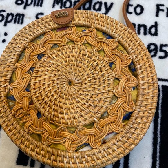 Woven Rattan Batik Lining Round Sling Bag. - Picture 2 of 7